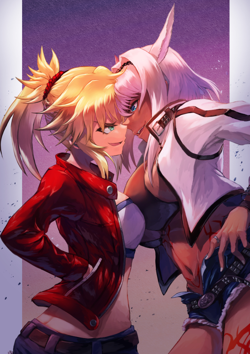 2girls animal_ears asymmetrical_docking bandeau belt bikini black_belt black_bikini black_hairband blonde_hair blue_eyes body_markings bracelet braid breast_press breasts caenis_(fate) commentary_request commission cowboy_shot cutoffs dark-skinned_female dark_skin denim denim_shorts extra_ears fate/grand_order fate_(series) french_braid green_eyes hair_between_eyes hair_intakes hair_ornament hair_scrunchie hairband hands_in_pockets hands_on_own_hips highleg highleg_bikini highres jacket jewelry juunishi_aya large_breasts long_hair looking_at_another medium_breasts midriff mordred_(fate) mordred_(fate/apocrypha) multiple_girls nail_polish navel noses_touching open_clothes open_jacket open_mouth ponytail purple_background red_jacket red_scrunchie ring scrunchie shorts sideboob sidelocks sideways_mouth skeb_commission smile standing studded_belt studded_bracelet studded_jacket swimsuit teeth upper_teeth_only white_hair white_jacket white_nails