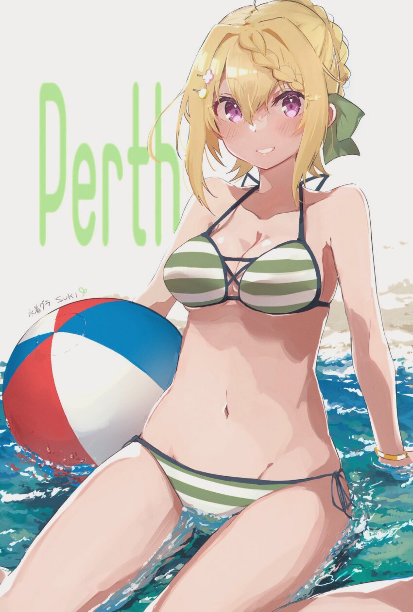 1girl ball bare_arms bare_legs bare_shoulders beachball bikini blonde_hair blush breasts character_name cleavage collarbone groin hair_between_eyes hair_ornament hairclip highres kantai_collection ma_rukan medium_breasts navel open_mouth perth_(kancolle) perth_(swimsuit)_(kancolle) purple_eyes short_hair solo striped_bikini striped_clothes swimsuit water