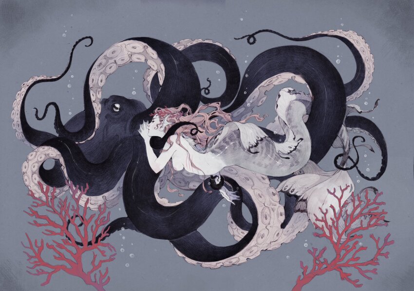 1girl air_bubble animal animal_ears back_fin breasts bubble commentary coral coral_hair_ornament from_side full_body grey_background grills hand_up highres holding_another&#039;s_wrist horizontal_pupils intertwined_tails kneeless_mermaid long_hair looking_ahead loputyn medium_breasts mermaid monster_girl nipples octopus original profile red_hair submerged symbol-only_commentary traditional_media underwater very_long_hair webbed_hands