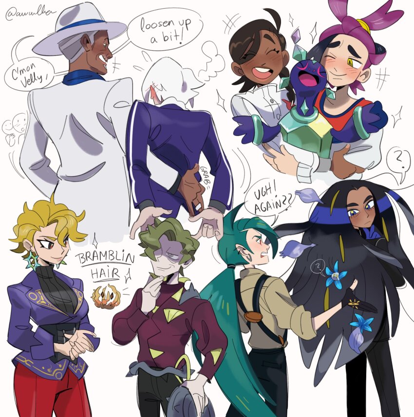 4boys 4girls awlba black_gloves black_hair black_pants blonde_hair blue_eyes blue_gloves blue_hair blueberry_academy_school_uniform braid bramblin brassius_(pokemon) briar_(pokemon) bright_pupils brown_hair clavell_(pokemon) coat cyrano_(pokemon) dark-skinned_female dark-skinned_male dark_skin earrings english_text facial_hair fedora game_freak geeta_(pokemon) glimmet gloves goatee green_hair grey_eyes grey_hair hat highres jacket jewelry juliana_(pokemon) kieran_(pokemon) long_hair long_sleeves multicolored_hair multiple_boys multiple_girls mustache nintendo official_alternate_hairstyle one_eye_closed open_mouth pants pokemon pokemon_(creature) pokemon_sv ponytail purple_hair purple_jacket red_eyes red_pants rika_(pokemon) school_uniform short_hair side_braid single_braid speech_bubble streaked_hair suspenders sweater_under_jacket terapagos terapagos_(normal) very_short_hair white_hair white_pupils yellow_eyes