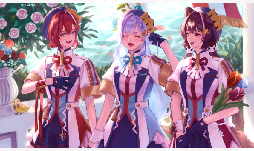 3girls :d \||/ ^_^ absurdres animal_ears animal_hair_ornament beret bird blue_eyes blue_flower blue_gloves blue_hair blue_hat blue_ribbon blue_rose blue_shorts blue_skirt blue_tulip braid breasts brown_hair brown_tail closed_eyes colored_lapels commentary_request crown_hat_ornament dog_ears dog_girl dog_tail eyelashes fangs flower gloves hair_between_eyes hair_ornament hand_in_own_hair hand_on_own_chest hand_up hat heterochromia highres holding holding_flower idol_clothes inui_toko jacket light_blush lips lize_helesta long_hair looking_at_another looking_to_the_side low_twin_braids multicolored_hair multiple_girls neck_ribbon nijisanji open_mouth orange_flower orange_tulip outdoors pink_flower pink_rose pink_tulip purple_flower purple_ribbon red_eyes red_flower red_hair red_ribbon red_rose red_tulip ribbon rose sanbaka_(nijisanji) sanbaka_anniversary_outfit sebastian_piyodore short_hair short_sleeves shorts side-by-side single_ear_down single_hair_intake single_sidelock single_wrist_cuff skirt small_breasts smile streaked_hair tail tassel teeth triangle_hair_ornament tulip turning_head twin_braids twitter_username two-tone_hair upper_teeth_only usasuzu very_long_hair virtual_youtuber white_hair white_jacket white_wrist_cuffs wrist_cuffs wrist_ribbon yellow_bird yellow_eyes