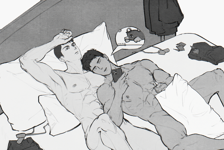 2boys abs ao_isami bara bed completely_nude couple covering_crotch covering_privates greyscale highres holding holding_phone indoors large_pectorals lying male_focus monochrome multiple_boys muscular muscular_male nipples nude on_back on_bed open_mouth pectorals phone pillow poyosoftware ryuji_satake short_hair smile yaoi yuuki_bakuhatsu_bang_bravern