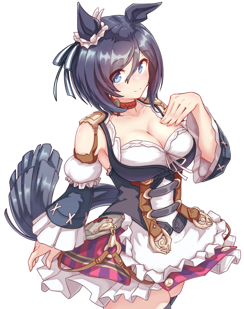 1girl absurdres animal_ears black_hair blue_eyes bob_cut breasts choker cleavage detached_sleeves ear_scrunchie eishin_flash_(umamusume) flova11 hair_between_eyes hand_on_own_chest highres horse_ears horse_girl horse_tail large_breasts long_sleeves looking_at_viewer medium_hair red_choker scrunchie short_hair simple_background skirt solo striped_clothes striped_skirt swept_bangs tail umamusume vertical-striped_clothes vertical-striped_skirt white_background white_scrunchie