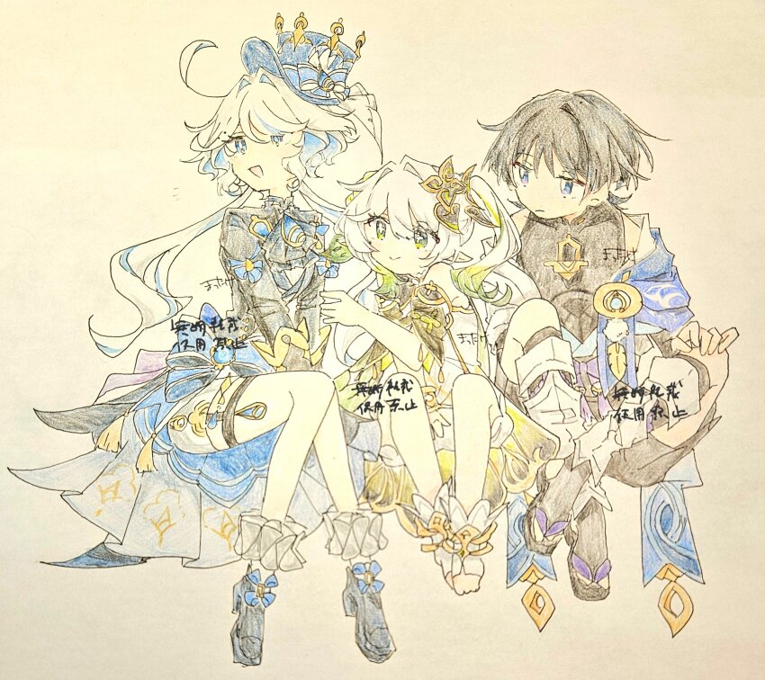 1boy 2girls :&gt; absurdres ahoge anklet armlet ascot black_ascot black_bodysuit black_hair black_jacket black_leggings black_sandals black_shoes black_shorts black_sleeves bloomers blue_bow blue_brooch blue_cape blue_eyes blue_gemstone blue_hair blue_hat blue_pupils bodysuit bow bright_pupils cape closed_mouth coattails colored_inner_hair covered_collarbone cowlick cross-shaped_pupils curly_ends detached_sleeves dress eyelash_ornament eyelashes feathers footwear_bow frilled_socks frills fringe_trim furina_(genshin_impact) garter_belt gem genshin_impact gold gold_trim green_cape green_eyes green_hair grey_shorts hair_intakes hair_ornament hand_between_thighs hand_on_own_knee hand_up hat hat_bow highres hydro_symbol_(genshin_impact) jacket japanese_clothes jewelry kimono knees_together_feet_apart knees_up leaf leaf_hair_ornament leg_warmers leggings long_hair long_sleeves looking_to_the_side mandarin_collar mini_hat mini_top_hat mismatched_pupils multicolored_hair multiple_girls nahida_(genshin_impact) notice_lines onu5mochini pointy_ears pom_pom_(clothes) purple_bow purple_rope rope sandals scaramouche_(genshin_impact) shoes short_sleeves shorts shoulder_peek side_ponytail sidelocks single_off_shoulder sitting sketch smile socks stirrup_legwear symbol-shaped_pupils thigh_strap toeless_legwear toeless_socks toes top_hat traditional_media translation_request underwear vision_(genshin_impact) wanderer_(genshin_impact) white_bloomers white_dress white_hair white_kimono white_leg_warmers white_pupils white_sleeves white_socks white_trim yellow_feathers zouri