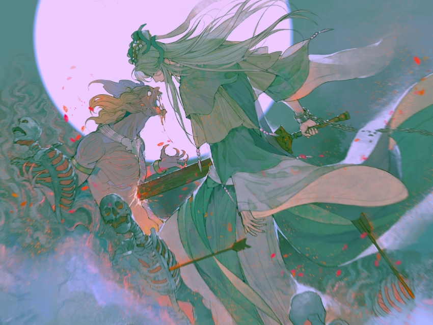1boy 4k123 arrow_(projectile) blood blood_splatter bracelet chain chained chinese_clothes closed_mouth cuffs curtained_hair death earrings fangs floating_clothes floating_hair from_side full_moon gold_bracelet green_hair green_hanfu hanfu head_down highres holding holding_sword holding_weapon hoop_earrings jewelry jinguang_budaixi layered_sleeves long_hair long_sidelocks long_sleeves looking_up male_focus medium_hair mo_cangli monster moon no_pupils parted_bangs profile shackles sidelocks skeleton stab sword weapon wide_sleeves xiao_guan_(headdress)