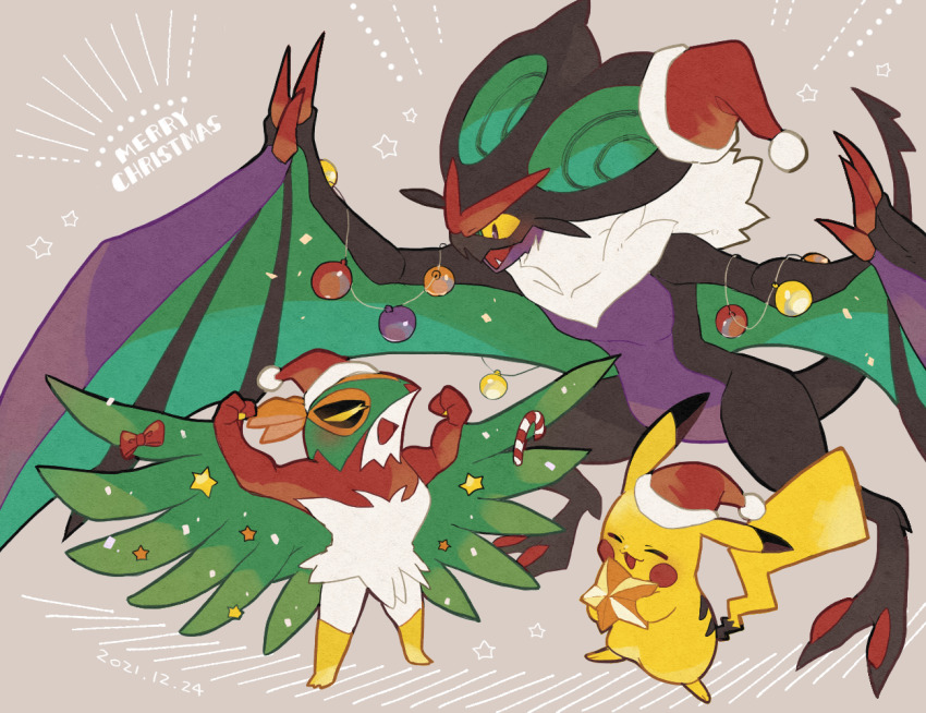 candy candy_cane christmas christmas_ornaments claws closed_mouth colored_sclera dated fang food gen_1_pokemon gen_6_pokemon harvest88 hat hawlucha nintendo no_humans noivern open_mouth pikachu pokemon pokemon_(creature) purple_eyes ribbon santa_hat standing wings yellow_sclera