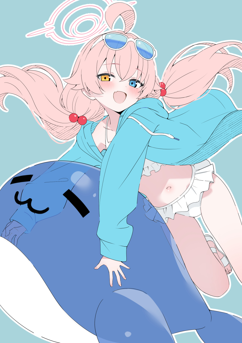 1girl :d absurdres aqua_background bikini blue_archive blue_eyes eyewear_on_head frilled_bikini frills hair_bobbles hair_ornament halo heterochromia highres hoshino_(blue_archive) hoshino_(swimsuit)_(blue_archive) inflatable_toy inflatable_whale loli long_hair looking_at_viewer low_twintails mistel_(sukebemistel) navel official_alternate_costume open_mouth pink_hair simple_background smile sunglasses swimsuit twintails white_bikini white_halo yellow_eyes