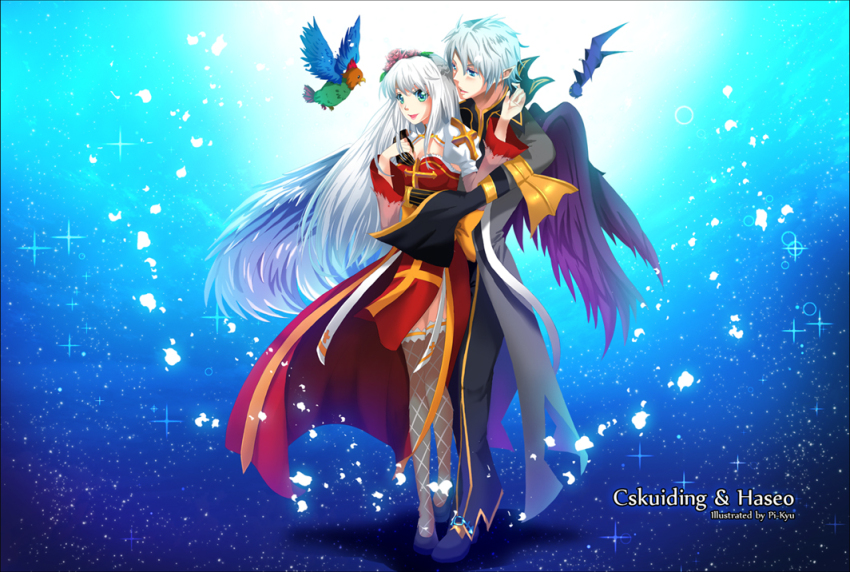 1boy 1girl arch_bishop_(ragnarok_online) bird black_gloves black_pants black_wings blue_background breasts character_name cleavage_cutout closed_mouth clothing_cutout coat cross demon_wings detached_wings dress fishnet_thighhighs fishnets full_body gloves grey_coat grey_thighhighs hetero juliet_sleeves long_hair long_sleeves looking_at_another medium_breasts open_clothes open_coat pants parrot pkyu pointy_ears puffy_sleeves ragnarok_online sash short_hair smile thighhighs two-tone_dress very_long_hair warlock_(ragnarok_online) white_dress white_hair wings yellow_sash