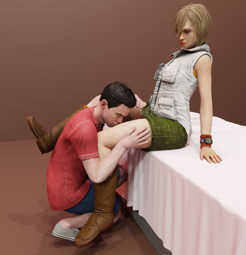 1boy 1girl 3d artist_request bed bedroom blonde_hair boots character_request green_skirt heather_mason jacket kissing_thigh leather leather_boots legs short_hair silent_hill silent_hill_(series) silent_hill_3 sitting skirt sleeveless sleeveless_turtleneck smile source_request thigh_grab thighs turtleneck vest watch