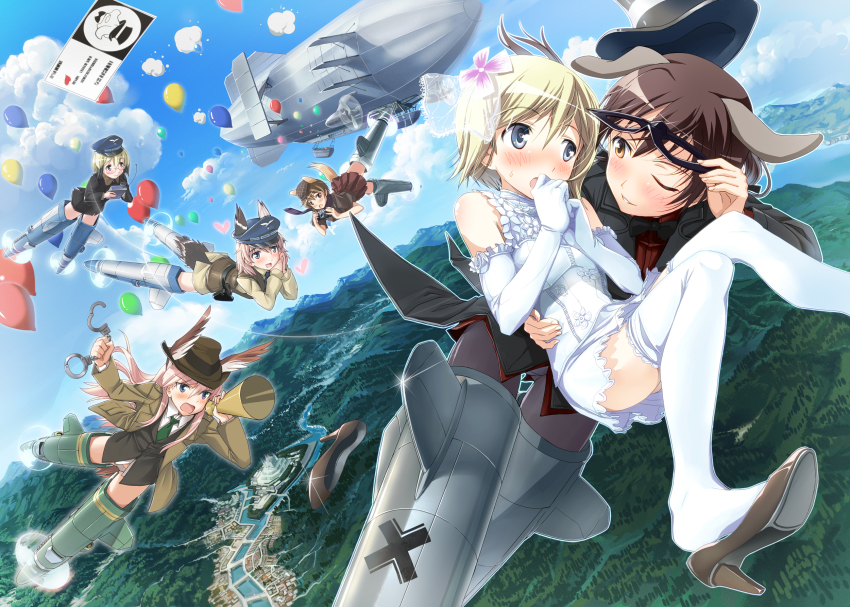 6+girls aircraft alternate_costume animal_ears balloon black_legwear blonde_hair blue_eyes blush bow bowtie brown_hair camera cloud cosplay cuffs day dirigible dress erica_hartmann flying gertrud_barkhorn glasses gun handcuffs handgun hanna-justina_marseille hat head_wings heart hi-ho- high_heels highres holster katou_keiko left_shoe_removed long_hair multiple_girls no_pants one_eye_closed outdoors own_hands_together panties pantyhose pink_hair pleated_skirt raisa_pottgen river scarf scenery shoe_dangle shoe_loss shoes short_hair skirt sky sparkle strike_witches strike_witches:_suomus_misfits_squadron striker_unit tail thighhighs underwear ursula_hartmann water weapon wedding_dress white_panties wife_and_wife wings wink witches_of_africa world_witches_series yuri zenigata_kouichi zenigata_kouichi_(cosplay)