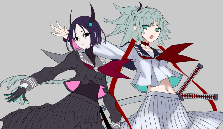 2girls black_eyes black_serafuku choker colored_inner_hair commentary_request fate/grand_order fate/samurai_remnant fate_(series) green_eyes green_hair grey_background honjou_raita horns katana long_skirt long_sleeves multicolored_hair multiple_girls navel pink_hair pleated_skirt ponytail purple_hair red_choker school_uniform serafuku sheath sheathed shirt short_hair skirt sword turtleneck turtleneck_shirt two-tone_gloves two-tone_hair unfinished ushi_gozen_(avenger)_(fate) ushi_gozen_(avenger)_(second_ascension)_(fate) ushi_gozen_(fate) weapon white_serafuku yui_shousetsu_(fate)