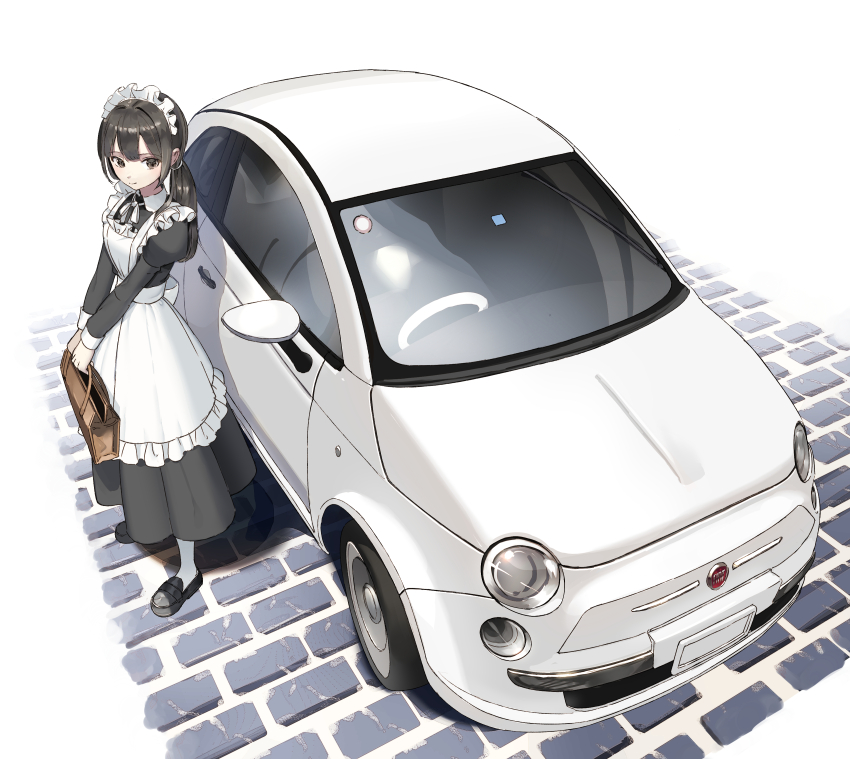 1girl absurdres apron bag black_dress black_hair black_shoes brick_floor car commentary_request commission dress fiat fiat_500 full_body highres holding holding_bag license_plate loafers long_hair long_sleeves low_ponytail maid maid_apron maid_headdress motor_vehicle original ponytail puffy_long_sleeves puffy_sleeves shadow shii_(kairi-t-k0317) shoes skeb_commission socks solo standing vehicle_focus white_socks