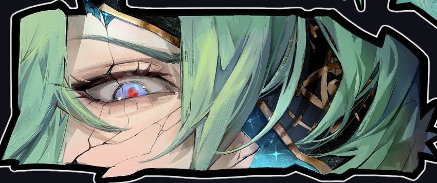 1boy anaxa_(honkai:_star_rail) blue_eyes close-up commentary cracked_skin eye_focus eyelashes eyepatch green_hair hair_between_eyes hashtag-only_commentary honkai:_star_rail honkai_(series) irr0ra looking_down male_focus one_eye_covered red_pupils sanpaku solo star_(sky)