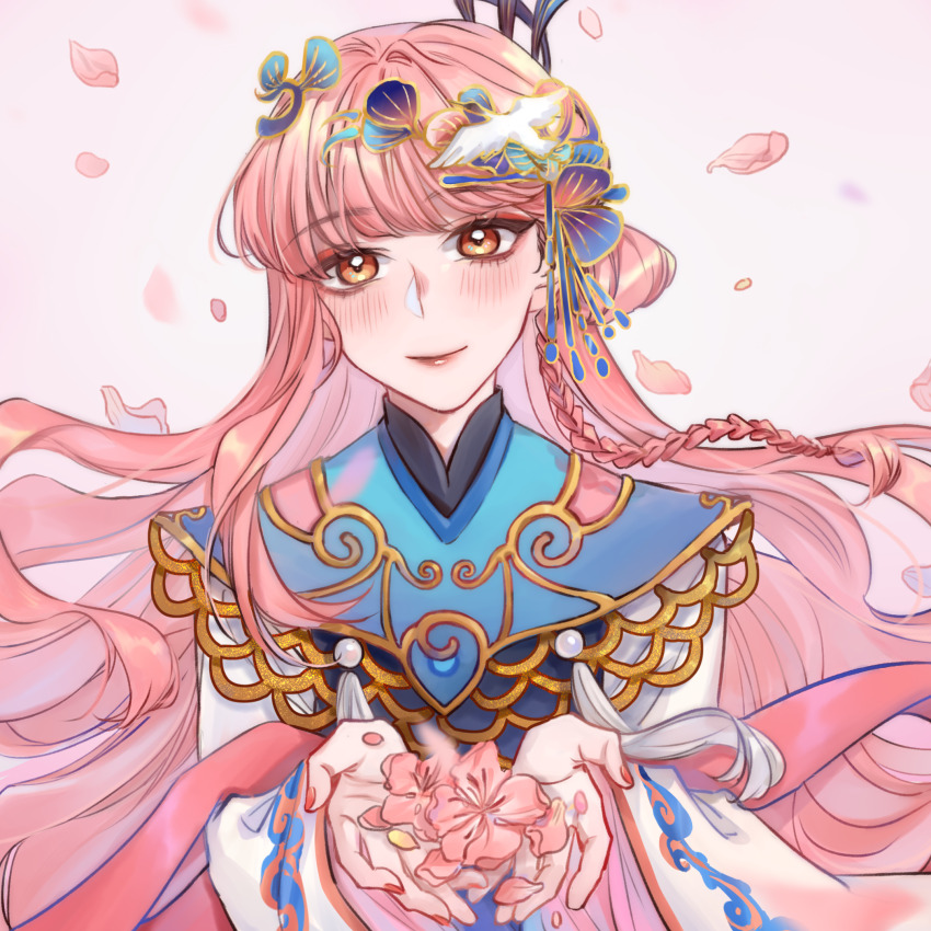1girl bird bird_hair_ornament black_hanfu blue_collar blunt_bangs braid brown_eyes cherry_blossoms chinese_clothes chinese_commentary closed_mouth collar commentary_request crane_(animal) eyelashes eyeshadow falling_petals flower frilled_sleeves frills hair_bun hair_ornament hanfu happy highres holding holding_flower light_blush lipstick long_hair long_sleeves makeup mandarin_collar nail_polish nikki_(nikki) nikki_(series) petals pink_background pink_flower pink_hair pink_nails pink_shawl red_eyeshadow red_lips second-party_source shawl side_braid single_braid single_hair_bun siwu5 smile solo tassel upper_body very_long_hair white_sleeves wide_sleeves yunjian