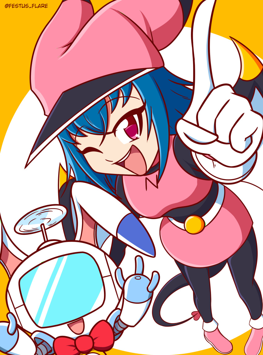 1girl absurdres blue_hair bow bowtie digimon guidemon happy highres navimon_(digimon) smile tail