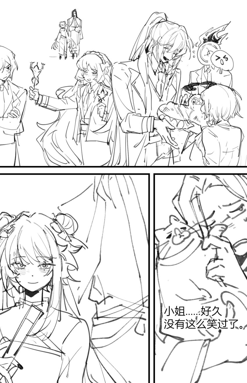 1other 3boys 3girls bow breasts clock closed_mouth crossed_arms dante_(limbus_company) double_bun fire frog greyscale hair_bow hair_bun hairband high_ponytail highres hong_lu_(project_moon) ishmael_(project_moon) jia_qiu_(project_moon) jia_xichun_(project_moon) jingshenhuanghu limbus_company long_hair looking_at_viewer low_twintails monochrome multiple_boys multiple_girls object_head open_mouth outis_(project_moon) ponytail project_moon rope short_hair sidelocks sinclair_(project_moon) skewer smile twintails very_long_hair wei_(project_moon)