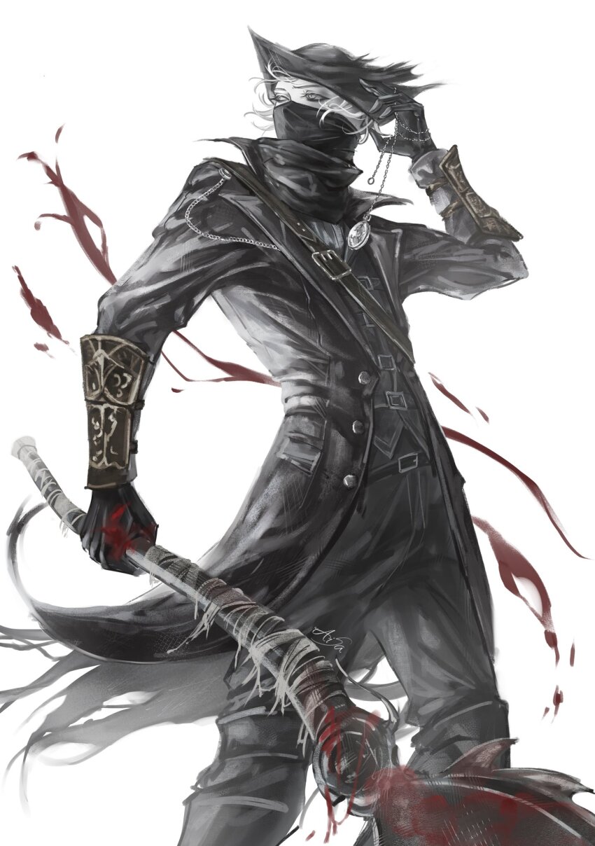1other adjusting_clothes adjusting_headwear ajsaart arm_guards belt black_gloves black_shirt blood blood_on_clothes blood_splatter blood_stain bloodborne bloody_weapon blue_eyes coat commentary covered_mouth feet_out_of_frame gloves highres holding holding_pocket_watch holding_weapon hunter_(bloodborne) looking_at_viewer open_clothes open_coat pocket_watch popped_collar shirt short_hair solo standing symbol-only_commentary watch weapon white_hair