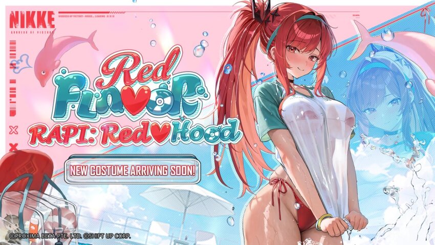 1girl bikini bikini_under_clothes breasts choker goddess_of_victory:_nikke hair_ornament long_hair looking_at_viewer official_art ponytail rapi_(nikke) rapi_(red_hood)_(nikke) rapi_(red_hood)_(red_flavor)_(nikke) red_bikini red_eyes red_hair skindentation smile solo swimsuit wet