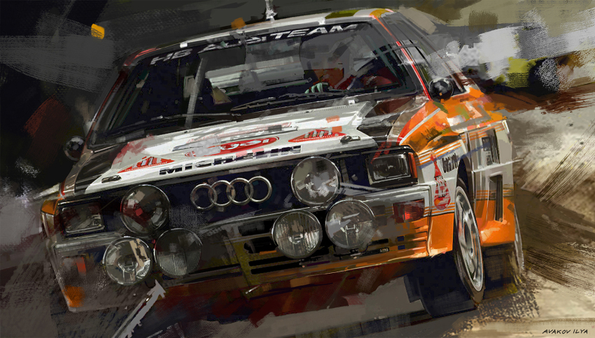 1boy artist_name audi audi_quattro avakov black_gloves car driving gloves helmet highres michelin motor_vehicle race_vehicle racecar rally_car shadow sponsor vehicle_focus white_helmet world_rally_championship