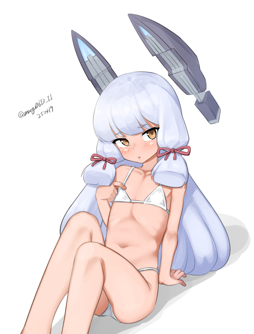 1girl absurdres bikini blunt_bangs blunt_tresses brown_eyes dated feet_out_of_frame flat_chest floating_headgear grey_hair hair_ribbon headgear highres kantai_collection maru_(marg0613) murakumo_(kancolle) ribbon simple_background solo swimsuit tress_ribbon twitter_username white_background white_bikini