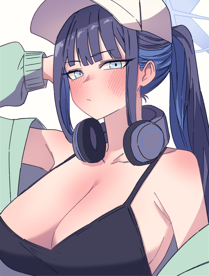 1girl absurdres anygatsby aqua_jacket baseball_cap black_camisole blue_archive blue_eyes blue_hair blue_halo breasts camisole colored_inner_hair commentary halo hat highres jacket multicolored_hair official_alternate_costume saori_(blue_archive) saori_(swimsuit)_(blue_archive) solo upper_body white_hat