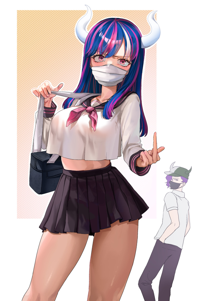 1boy 1girl absurdres bag black_pants black_skirt blue_hair brother_and_sister commentary_request curled_horns handbag highres horns long_hair looking_at_viewer mask middle_finger miniskirt mouth_mask multicolored_hair nakajima_(user111860274) neckerchief one_piece pants pink_eyes pink_hair pink_neckerchief pleated_skirt school_uniform serafuku shirt siblings skirt streaked_hair ulti_(one_piece) white_hair white_shirt