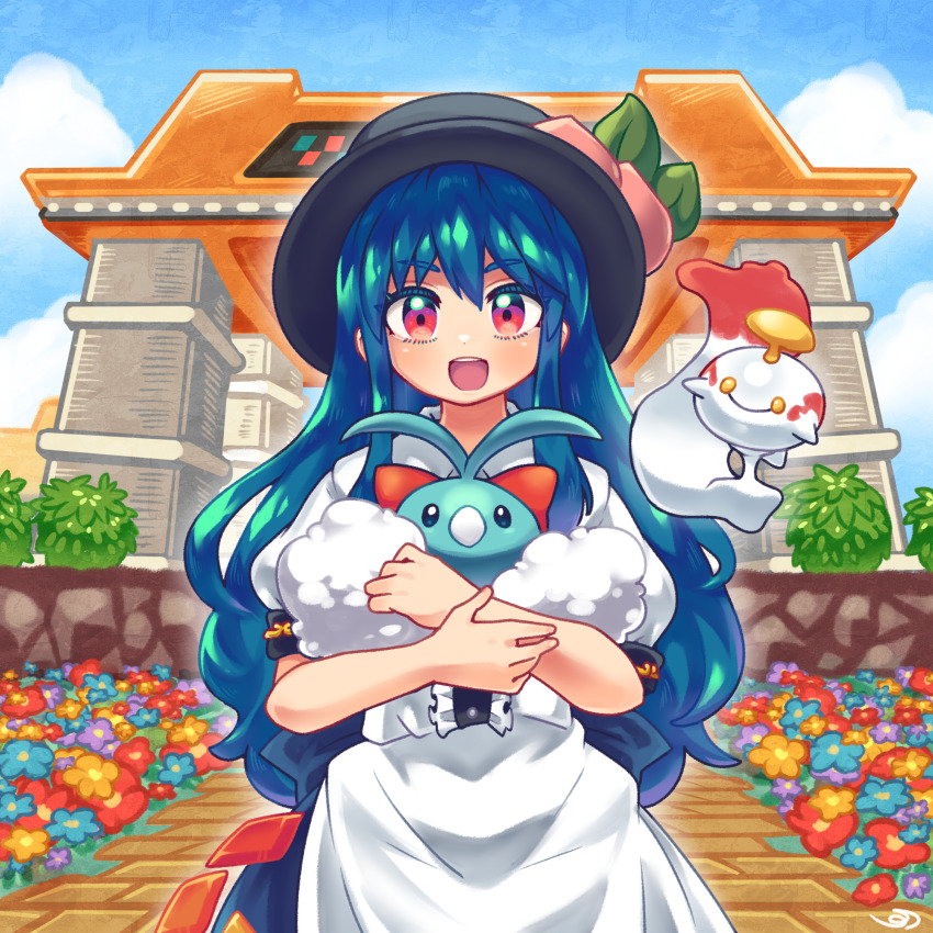 1girl :d black_headwear blue_hair chimecho commission commissioner_upload flower food frills fruit gen_3_pokemon highres hinanawi_tenshi holding holding_pokemon leaf long_hair looking_at_viewer nintendo open_mouth peach pmx pokemon pokemon_(creature) red_eyes shirt short_sleeves skeb_commission skirt smile swablu touhou