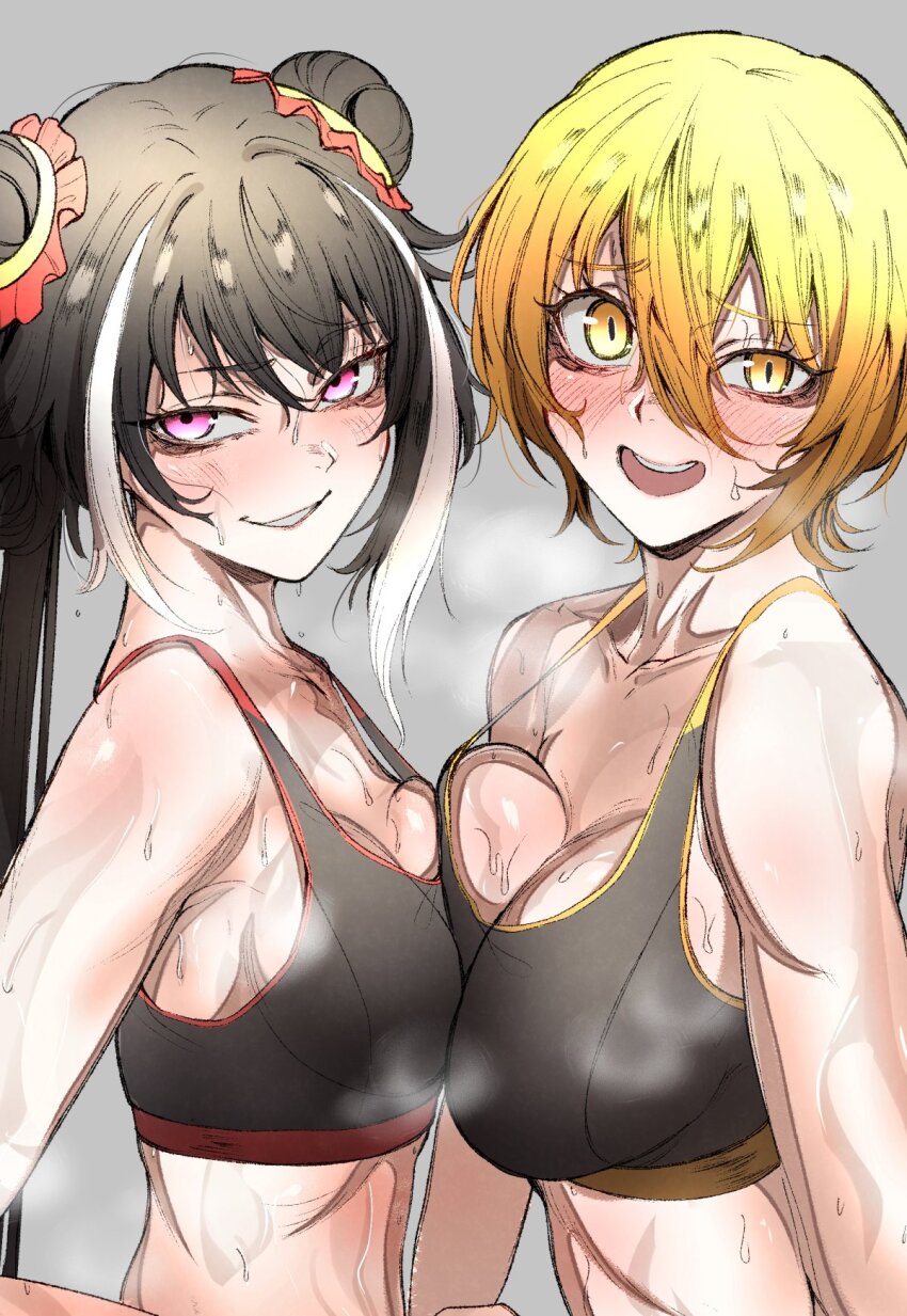 2girls black_hair blonde_hair blush breast_press breasts don_quixote_(project_moon) double_bun hair_bun highres jia_xichun_(project_moon) limbus_company looking_at_viewer midriff multicolored_hair multiple_girls nb8c open_mouth pink_eyes project_moon smile sports_bra streaked_hair sweat symmetrical_docking white_hair white_streaks yellow_eyes