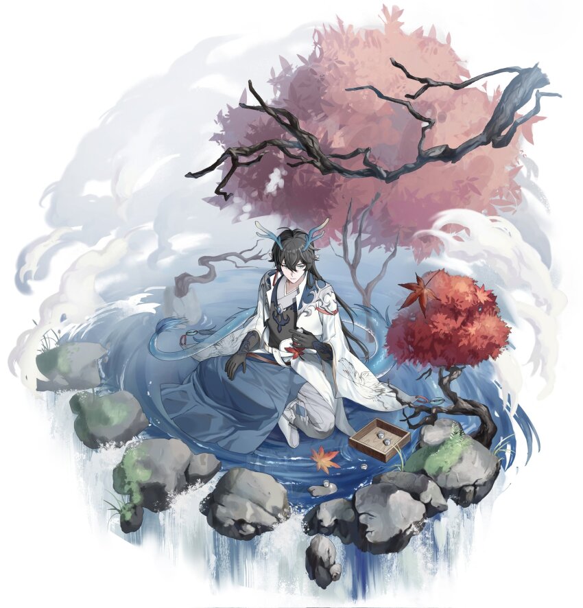 1boy branch chinese_clothes dan_feng_(honkai:_star_rail) dan_heng_(honkai:_star_rail) dan_heng_(imbibitor_lunae)_(honkai:_star_rail) dragon_horns highres honkai:_star_rail honkai_(series) horns naroo rock sitting tail tree water