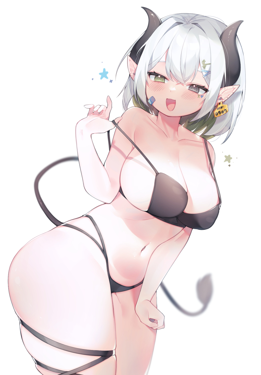1girl @_@ arm_at_side ass bandaid bandaid_on_face bikini black_bikini black_horns blush breasts colored_inner_hair commentary commission cow_tail cowboy_shot ear_tag green_eyes grey_eyes grey_hair hair_ornament hairpin hand_up heart_sticker heterochromia highres horns huge_ass large_breasts looking_at_viewer medium_breasts multicolored_hair navel open_mouth original pointy_ears sen_light sideboob simple_background smile solo star_(symbol) sticker_on_face strap_pull swimsuit tail thigh_strap white_background