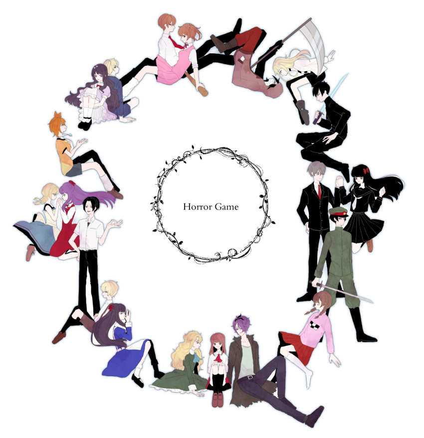 akito_(misao) aya_drevis bandage_on_face bandages baseball_bat black_hair black_serafuku black_shirt black_shorts blonde_hair blue_dress blue_eyes braid brown_hair child chloe_ardenne chloe_no_requiem closed_eyes coat crossover dio_(mad_father) dress ellen_(majo_no_ie) formal_clothes frilled_dress frills gakkou_de_atta_kowai_hanashi garry_(ib) gokuto_jihen green_dress grey_hair hair_ribbon highres himeno_mikoto himuro_hitoshi holding holding_baseball_bat holding_scythe hood hood_up ib_(ib) ib_(kouri) isaac_foster jacket kaii_shoukougun kanzaki_shiori katana kazama_nozomu kirisame_ga_furu_mori kirishima_(gokuto_jihen) long_hair mad_father madotsuki majo_no_ie mary_(ib) michel_d&#039;alembert military military_uniform misao narukami_aki neck_ribbon open_clothes open_jacket pink_sweater purple_hair rachel_gardner red_dress red_eyes red_ribbon red_skirt ribbon satsuriku_no_tenshi school_uniform scythe serafuku shirt shorts skirt socks striped_clothes striped_shirt suga_koutarou suit suspenders sweater sword twin_braids twintails viola_(majo_no_ie) weapon white_jacket white_shirt yume_nikki