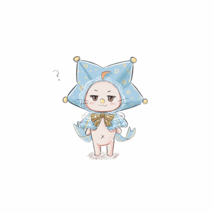 :3 ? ahoge animal animal_focus back_bow blue_bow blue_cloak bow bowtie brown_bow brown_bowtie brown_eyes cat cloak closed_mouth clothed_animal clown_nose crescent_print ear_covers hair_through_hood happy hashtag-only_commentary highres hood hood_up hooded_cloak infinity_nikki lace-trimmed_cloak light_blush looking_at_viewer momo_(nikki) navel nikki_(series) no_humans official_alternate_costume shadow simple_background smile solo standing star_(symbol) star_print striped_bow striped_bowtie striped_clothes whiskers white_background white_cat yachi_(ryz9v)