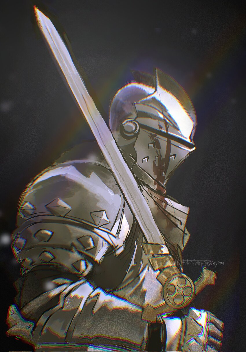 1boy armor armored_gloves black_background blood blood_on_armor bracer breastplate commentary crusader_(darkest_dungeon) darkest_dungeon fangsheng_jixieshi gloves hand_up hashtag-only_commentary helm helmet highres holding holding_sword holding_weapon male_focus pauldrons profile shoulder_armor signature simple_background sword upper_body visor_(armor) weapon