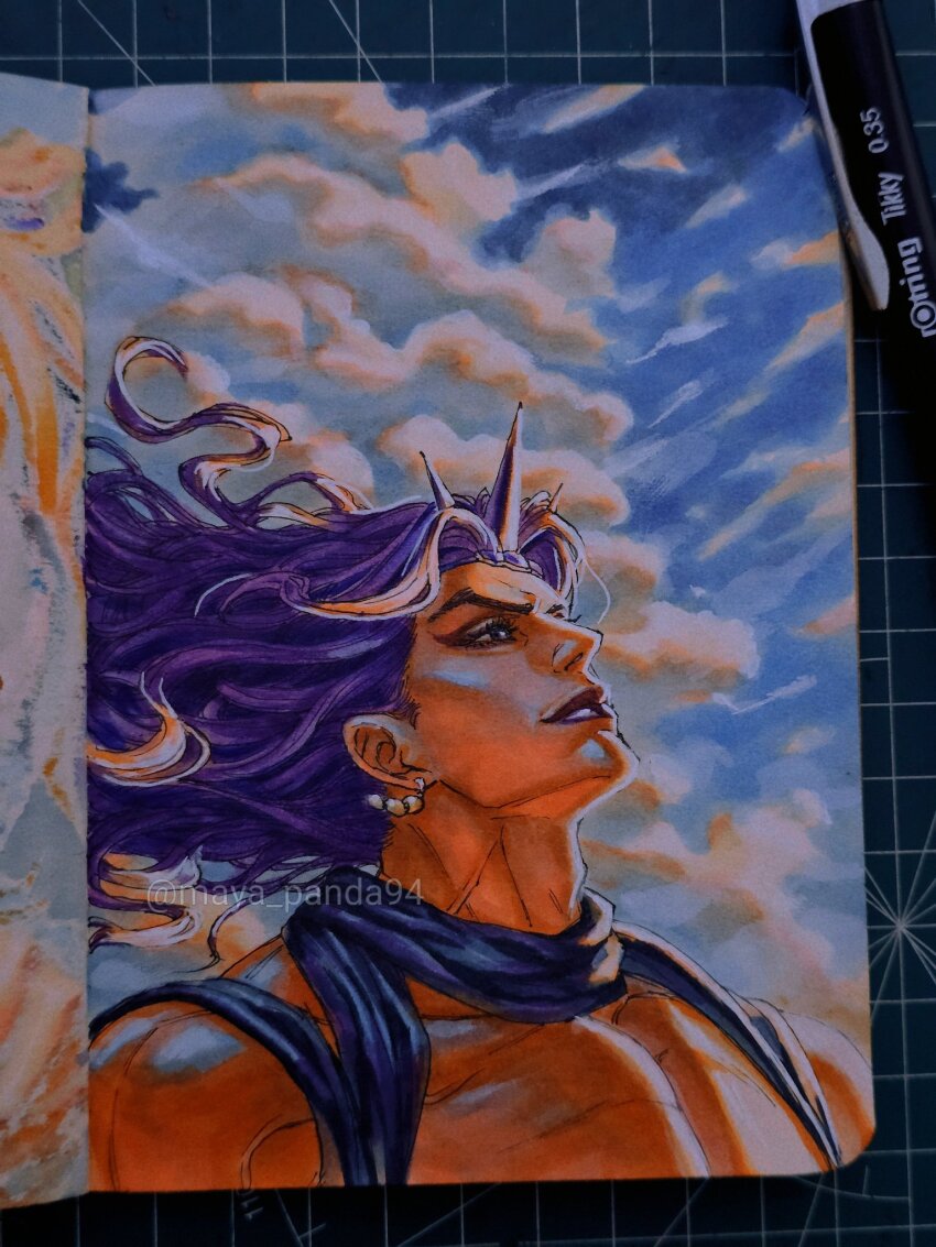 1boy art_tools_in_frame battle_tendency black_scarf cloud cloudy_sky commentary day earrings floating_hair highres horns jewelry jojo_no_kimyou_na_bouken kars_(jojo) long_hair looking_up makeup male_focus marker_(medium) maya_panda muscular muscular_male photo_(medium) purple_hair purple_lips scarf sky smile solo traditional_media wavy_hair