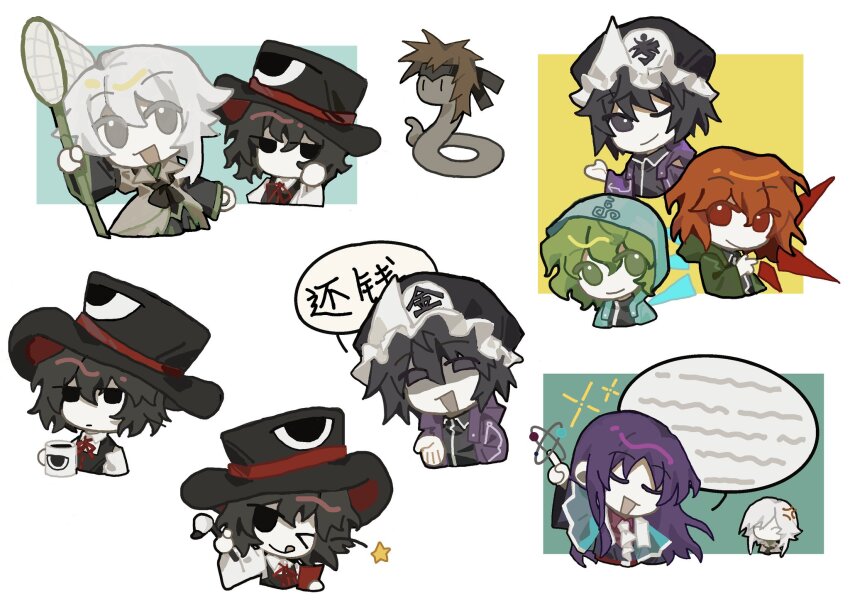 &gt;_o 6+others ;) aaayamitsu androgynous anger_vein animalization black_eyes black_hair black_hat black_shirt black_vest blue_capelet blue_jacket brown_coat butterfly_net calligraphy_brush capelet chibi chinese_text clause_(len&#039;en) closed_eyes clothes_writing coat collared_shirt cosplay cup detached_sleeves enraku_tsubakura enraku_tsubakura_(cosplay) eye_of_senri green_eyes green_hair green_jacket green_trim grey_eyes hand_net hashtag-only_commentary hat highres holding holding_butterfly_net holding_cup hood hood_down hood_up hooded_jacket houlen_yabusame jacket kurohebi len&#039;en long_hair long_sleeves medium_hair mob_cap mug multiple_others neck_ribbon no_mouth no_nose one_eye_closed open_clothes open_jacket open_mouth other_focus paintbrush pale_skin pink_shirt purple_hair purple_jacket red_eyes red_hair red_ribbon ribbon senri_tsurubami shirt shitodo_aoji shitodo_hooaka shitodo_kuroji smile snake speech_bubble tehepero tongue tongue_out translation_request triangular_headpiece two-sided_fabric two-sided_headwear vest white_hair white_shirt wide_sleeves
