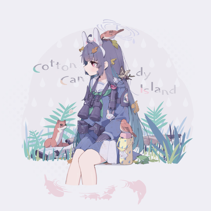 1girl animal animal_ears animal_on_head binoculars bird bird_on_head black_hair blue_archive bolt_action bug butterfly commentary_request flashlight gloves gun halo highres insect leaf leaf_on_head long_hair looking_to_the_side miyu_(blue_archive) mosin-nagant on_head rabbit_ears red_eyes rifle ripples school_uniform shuca_ca sitting sniper_rifle soaking_feet solo very_long_hair weapon weasel white_background