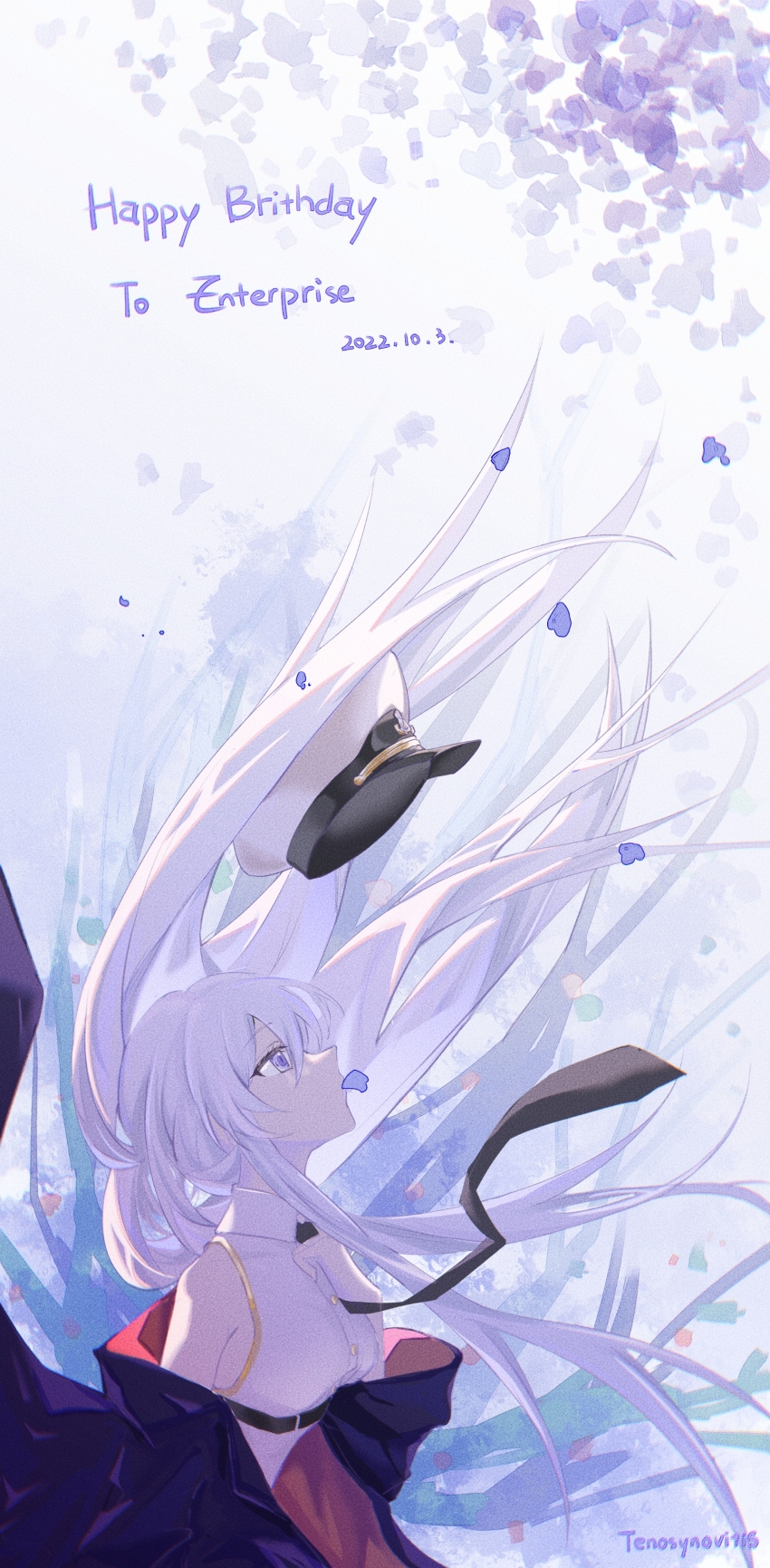1girl 2022 absurdres artist_name azur_lane black_jacket black_necktie breasts collared_shirt commentary dated enterprise_(azur_lane) from_side hat highres jacket long_hair long_sleeves medium_breasts military_hat military_uniform necktie peaked_cap shirt sleeveless sleeveless_shirt solo tenosynovitis very_long_hair white_hair white_hat white_shirt