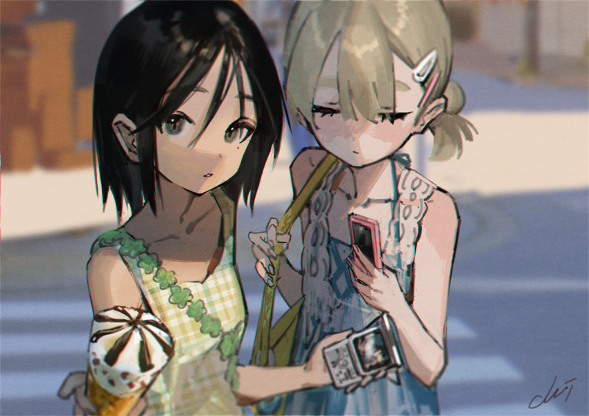2girls bag black_hair blonde_hair blue_dress blurry blurry_background cellphone closed_eyes closed_mouth commentary day dress food gingham hair_ornament hairclip holding holding_food holding_phone ice_cream ice_cream_cone looking_at_viewer mole mole_under_eye multiple_girls original outdoors parted_lips phone short_hair signature sleeveless sleeveless_dress symbol-only_commentary xiao_chichi yellow_bag