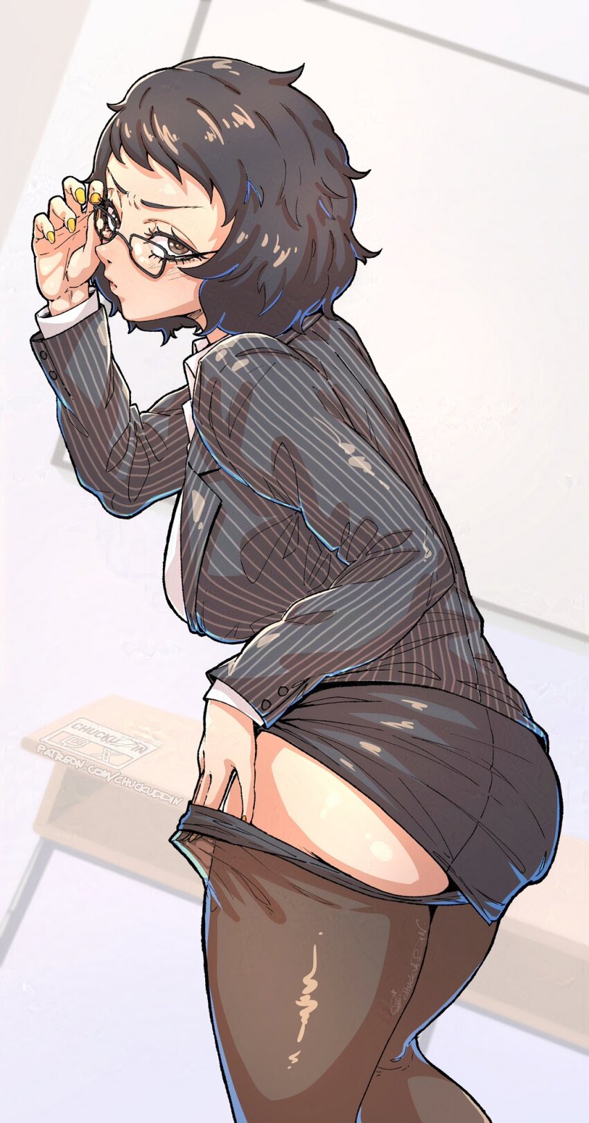 1girl adjusting_eyewear alternate_costume artist_name ass black_hair black_jacket black_pantyhose black_skirt breasts brown_eyes chuckuddin clothes_pull collared_shirt commentary formal_clothes glasses highres jacket kawakami_sadayo large_breasts looking_at_viewer looking_back office_lady pantyhose pantyhose_pull patreon_username pencil_skirt persona persona_5 presenting shirt short_hair sketch skirt solo striped_clothes striped_jacket symbol-only_commentary vertical-striped_clothes vertical-striped_jacket white_shirt yellow_nails