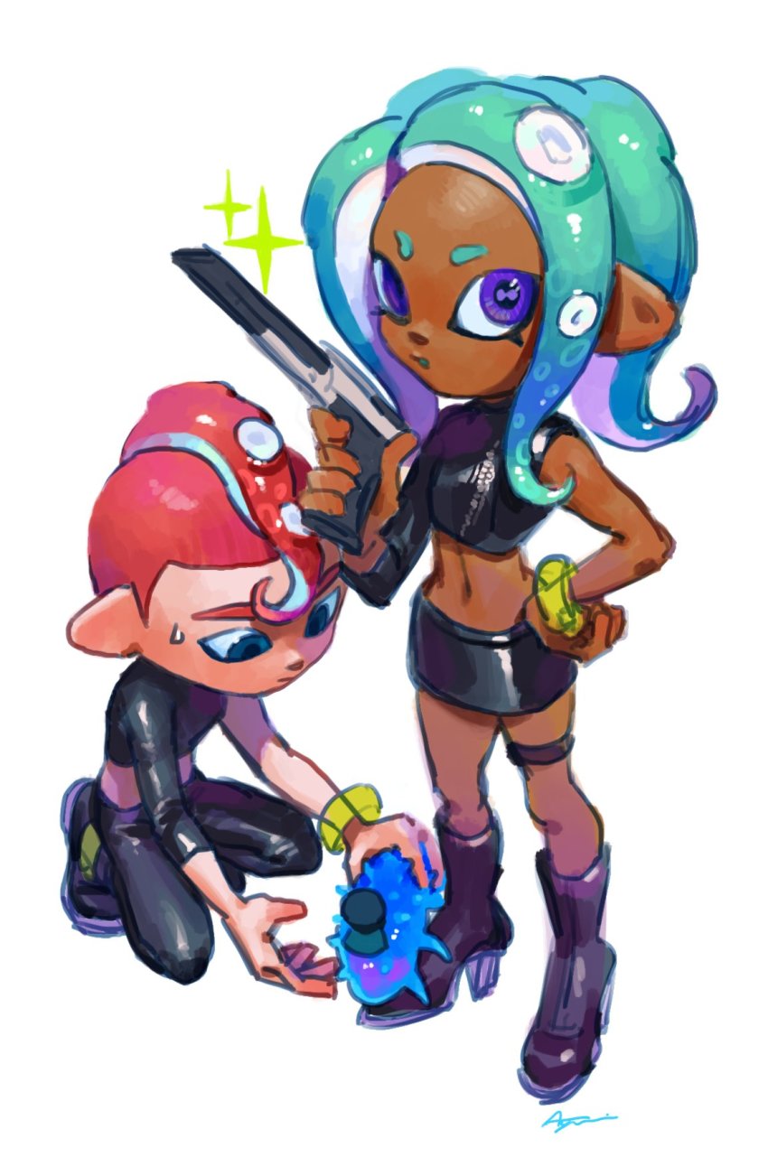 1boy 1girl agent_8_(splatoon) aqua_hair ayumi_(830890) black_footwear black_pants blue_eyes boots c.q._cumber_(splatoon) closed_mouth dark_skin full_body hand_on_own_hip high_heel_boots high_heels highres holding horizontal_pupils legs_apart long_hair long_sleeves mohawk n-zap_(splatoon) navel nintendo octoling octoling_girl octoling_player_character open_mouth pants purple_eyes red_hair sea_cucumber short_hair signature simple_background single_sleeve sparkle splatoon_(series) splatoon_2 splatoon_2:_octo_expansion standing suction_cups tentacle_hair white_background wristband zipper zipper_pull_tab