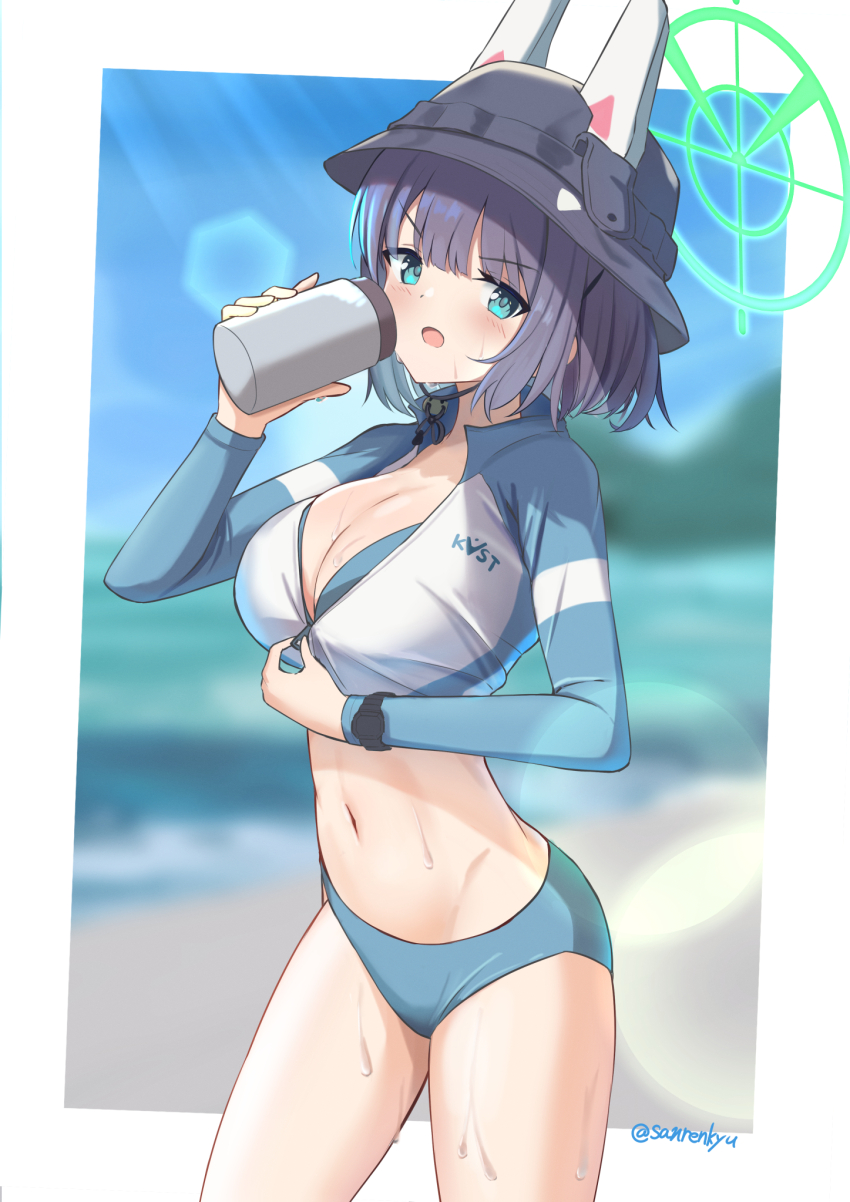 1girl :o animal_ears bikini bikini_under_clothes black_hair blue_archive blue_bikini blue_eyes blue_pupils blunt_bangs blurry blurry_background blush border breasts bucket_hat cleavage commentary cup curvy day doku-doku fake_animal_ears frown green_halo halo hands_up hat highres holding holding_cup hot jacket large_breasts lens_flare long_sleeves looking_at_viewer multicolored_jacket navel official_alternate_costume open_mouth outdoors outside_border rabbit_ears rash_guard saki_(blue_archive) saki_(swimsuit)_(blue_archive) short_hair solo sunlight sweat swimsuit tsurime twitter_username two-tone_jacket undressing unzipped unzipping v-shaped_eyebrows watch white_border wristwatch