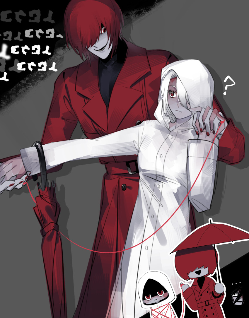 1boy 1girl bound chinese_commentary coat commentary_request cowboy_shot grey_background guotang hair_over_eyes heroine_(homicipher) hetero highres holding_hands homicipher homicipher_text looking_at_another mr._gap mr._scarletella raincoat red_coat red_eyes red_hair red_nails short_hair standing string string_of_fate tied_up_(nonsexual) white_hair white_raincoat