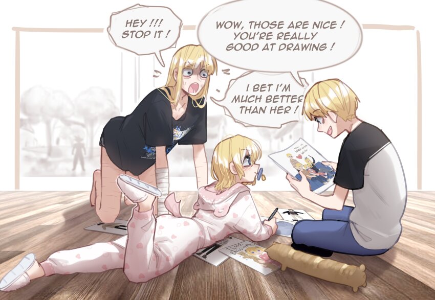 1boy 2girls absurdres arthur_(popopoka) black_shirt blonde_hair blue_eyes brother_and_sister child&#039;s_drawing dragon_ball dragonball_z english_text erika_(popopoka) freckles highres indoors long_hair lying mimi_(popopoka) multiple_girls on_stomach original pants popopoka self-harm_scar shirt short_hair short_sleeves siblings sisters sitting smile son_goku speech_bubble