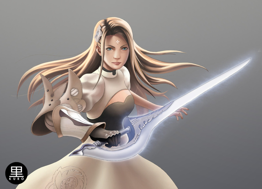 1girl blonde_hair blue_eyes bracer breasts choker dress facial_mark flower forehead_mark gauntlets grey_background hair_flower hair_ornament kuro--astarte lips long_hair sara_(terra_battle) small_breasts solo sword terra_battle terra_battle_2 weapon
