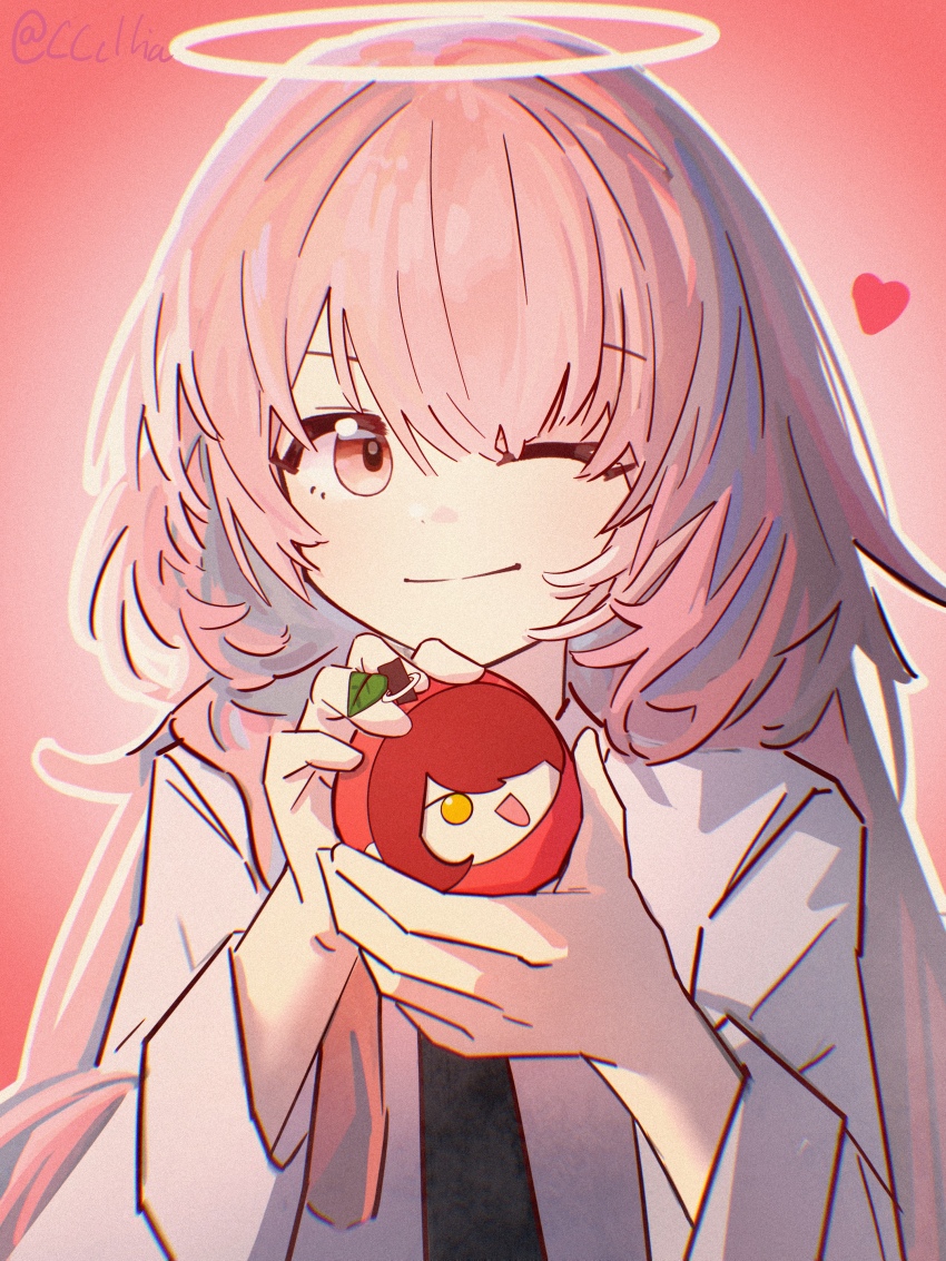 1girl absurdres apple arknights black_necktie chinese_commentary chromatic_aberration closed_mouth commentary_request exusiai_(arknights) film_grain food fruit halo heart highres holding holding_food holding_fruit lemuen_(arknights) light_blush long_hair long_sleeves looking_at_viewer necktie one_eye_closed parted_bangs pink_eyes pink_hair sakuratani_hane shirt sidelocks smile solo traditional_halo twitter_username upper_body white_shirt