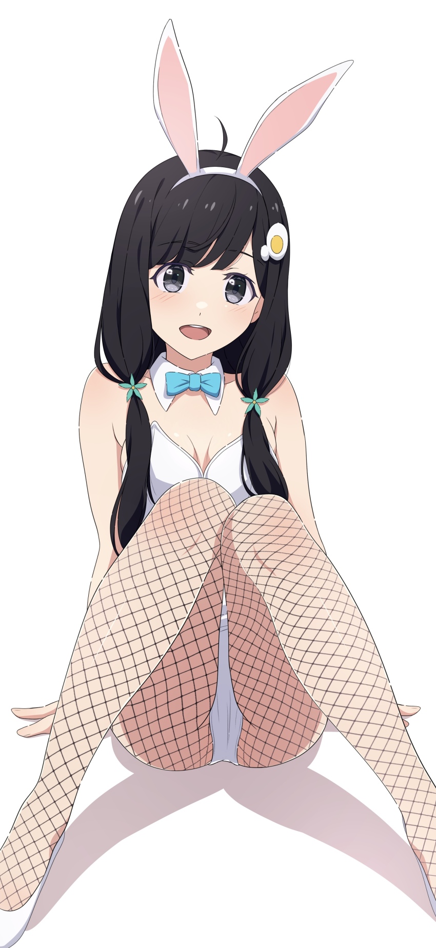 1girl absurdres ahoge animal_ears araragi_tsukihi bare_shoulders black_eyes black_hair blue_bow blue_bowtie bow bowtie breasts collar commentary detached_collar egg_hair_ornament fake_animal_ears fishnet_pantyhose fishnets food-themed_hair_ornament hair_ornament highres leotard long_hair m_legs monogatari_(series) na-suke open_mouth pantyhose playboy_bunny rabbit_ears simple_background small_breasts smile solo spread_legs teeth upper_teeth_only white_background white_collar white_leotard
