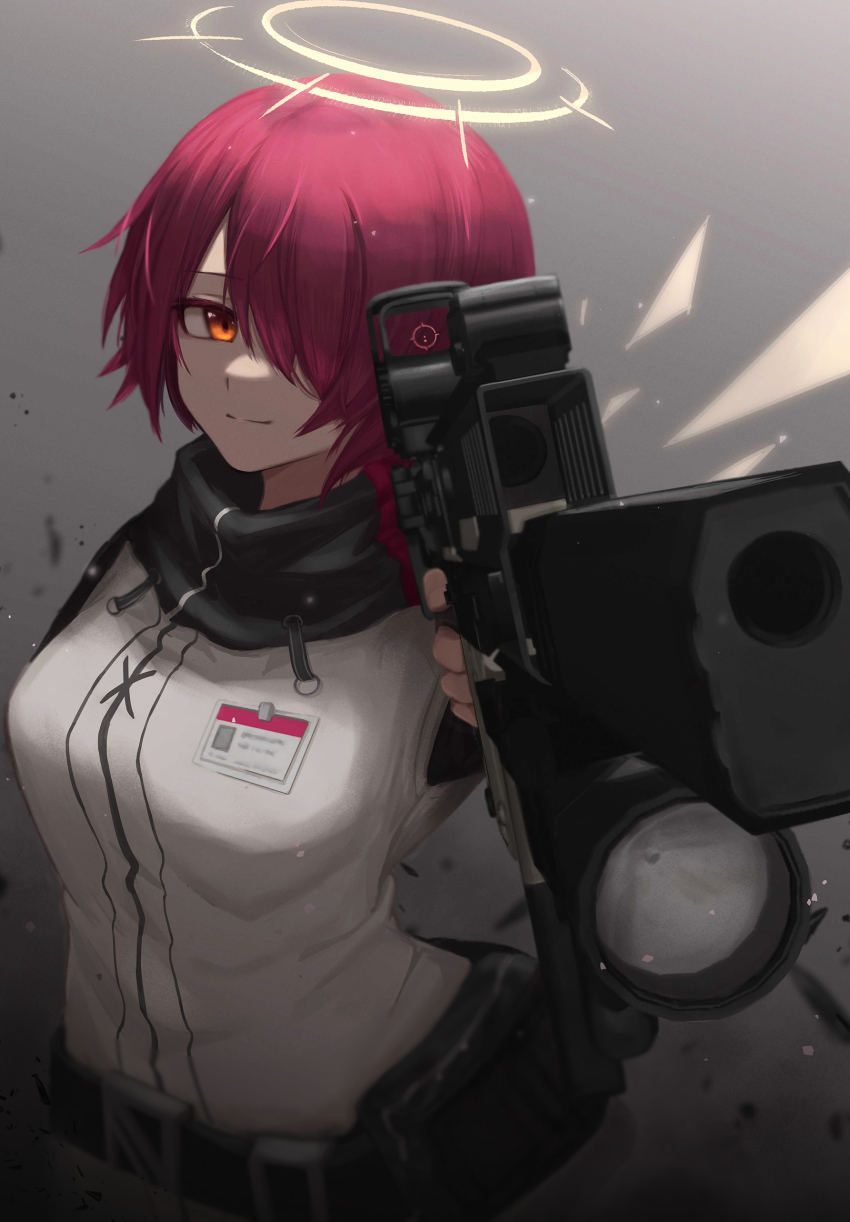 1girl absurdres aiming aiming_at_viewer arknights belt black_background black_belt breasts detached_wings exusiai_(arknights) fingerless_gloves flashlight gloves gradient_background grey_background gun hair_over_one_eye halo highres holding holding_gun holding_weapon holographic_weapon_sight jacket kriss_usa kriss_vector light looking_at_viewer magpul medium_breasts name_tag osprey_45 pantyhose polygonal_suppressor pouch red_eyes red_hair short_hair silencerco simple_background smile solo submachine_gun suppressor suzutaro tactical_light transformational_defense_industries upper_body weapon white_jacket wings