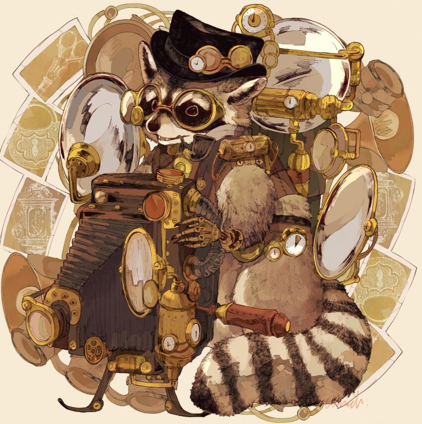 animal animal_focus black_eyes black_hat brown_vest clothed_animal commentary cylinder dial full_body goggles hat hatching_(texture) looking_at_viewer machinery mechanical_arms mouth_hold no_humans open_mouth original photo_(object) prosthesis prosthetic_arm raccoon smoking_pipe solo steampunk symbol-only_commentary tail tonbippo08 top_hat tube vest white_background
