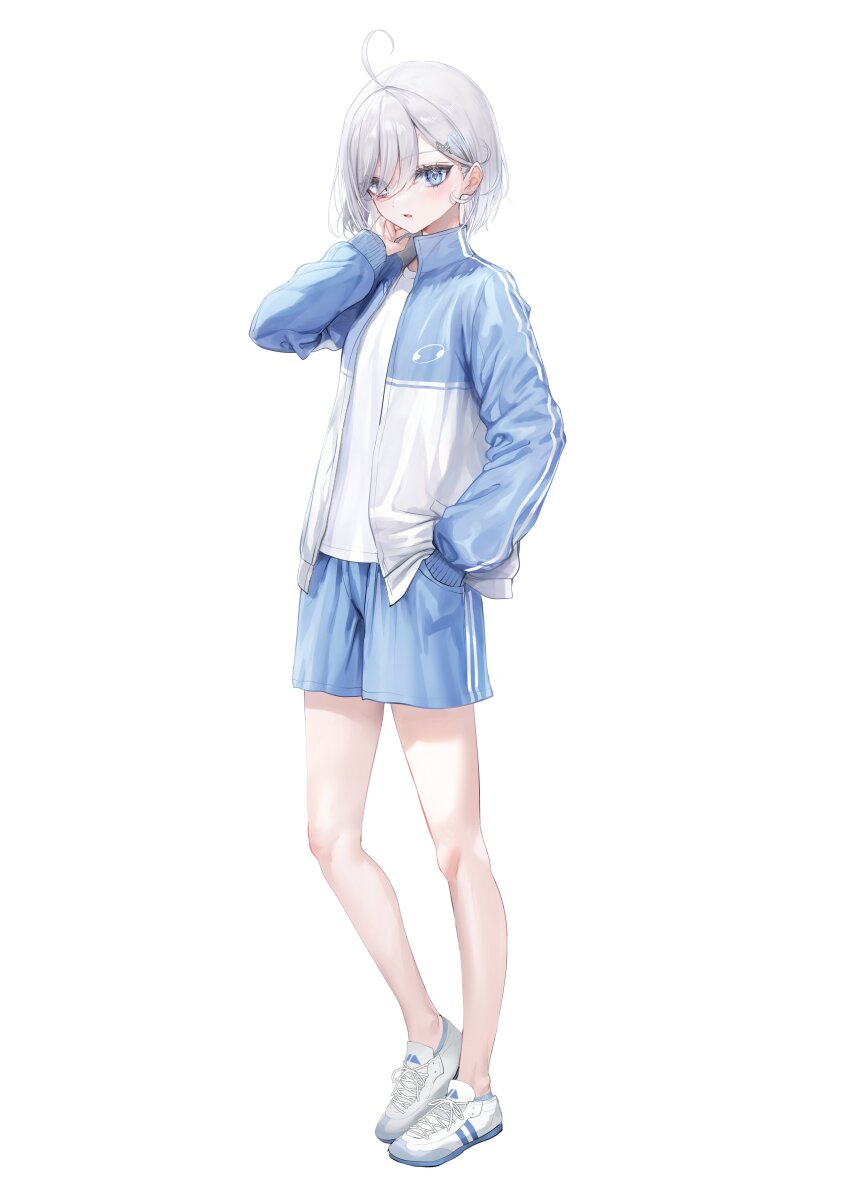 1girl absurdres ahoge alternate_hair_length alternate_hairstyle blue_eyes blue_jacket blue_shorts full_body grey_hair hair_between_eyes hand_in_own_hair hand_in_pocket highres jacket long_sleeves multicolored_jacket nekometaru open_clothes open_jacket parted_lips shibou_yuugi_de_meshi_o_kuu shirt shoes short_hair short_shorts shorts simple_background sneakers solo sportswear standing tachi-e two-tone_jacket white_background white_jacket white_shirt white_shoes yuuki_(shibou_yuugi)