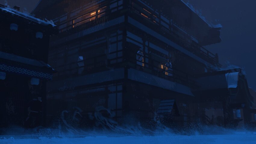 2others architecture blue_eye_samurai building commentary concept_art east_asian_architecture english_commentary from_below highres house lantern light_rays moonlight multiple_others netflix night official_art open_door outdoors scenery sky snow snowing standing wind yun_ling
